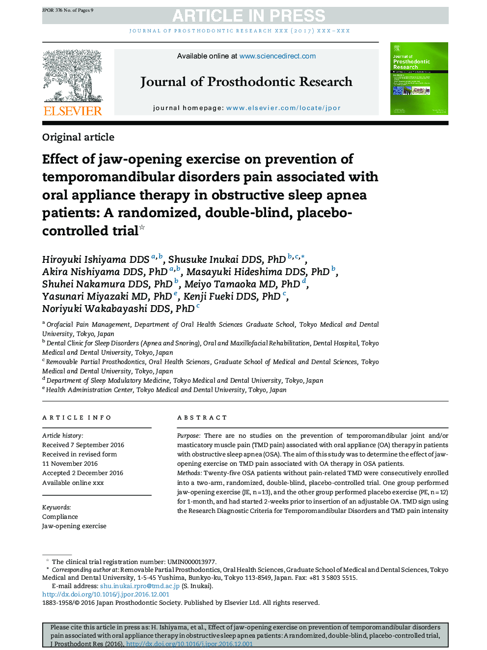 Effect of jaw-opening exercise on prevention of temporomandibular disorders pain associated with oral appliance therapy in obstructive sleep apnea patients: A randomized, double-blind, placebo-controlled trial