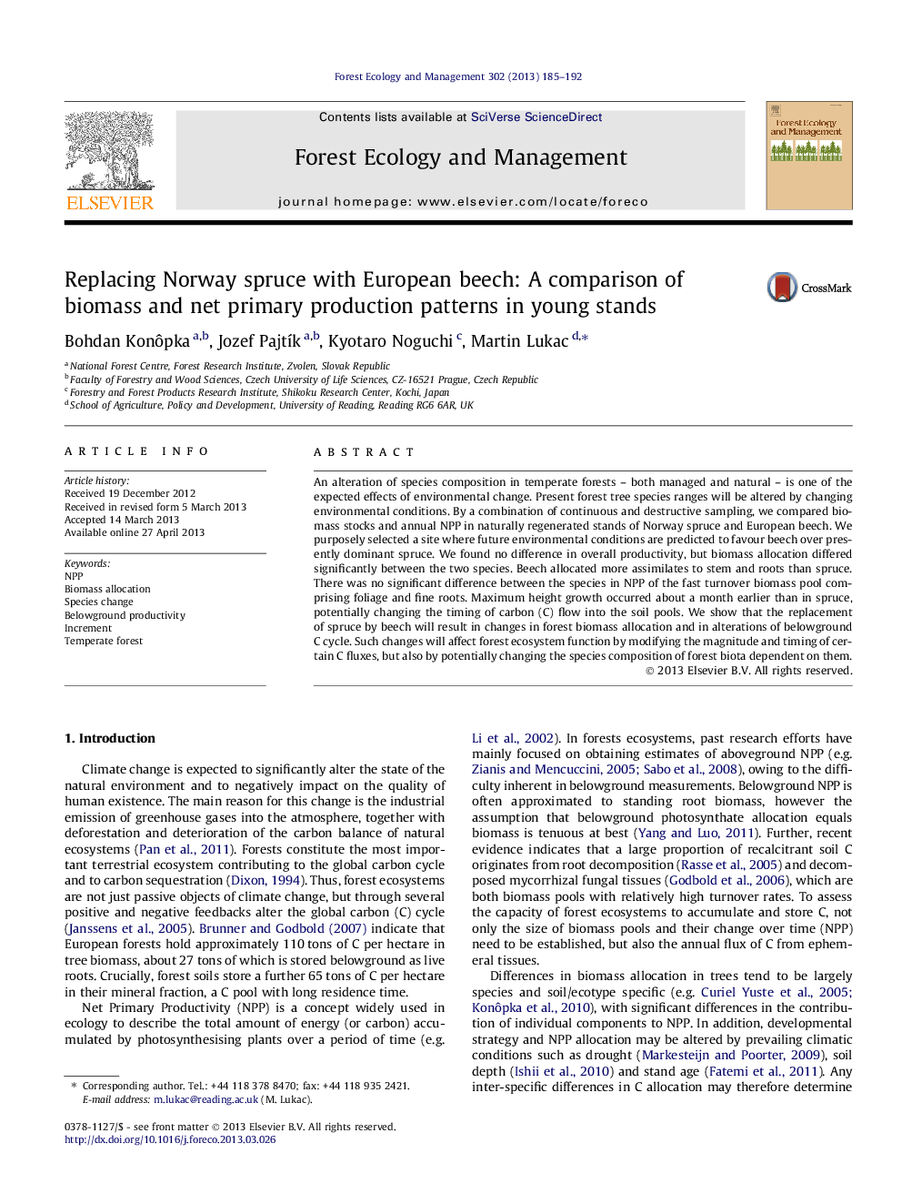 Replacing Norway spruce with European beech: A comparison of biomass and net primary production patterns in young stands