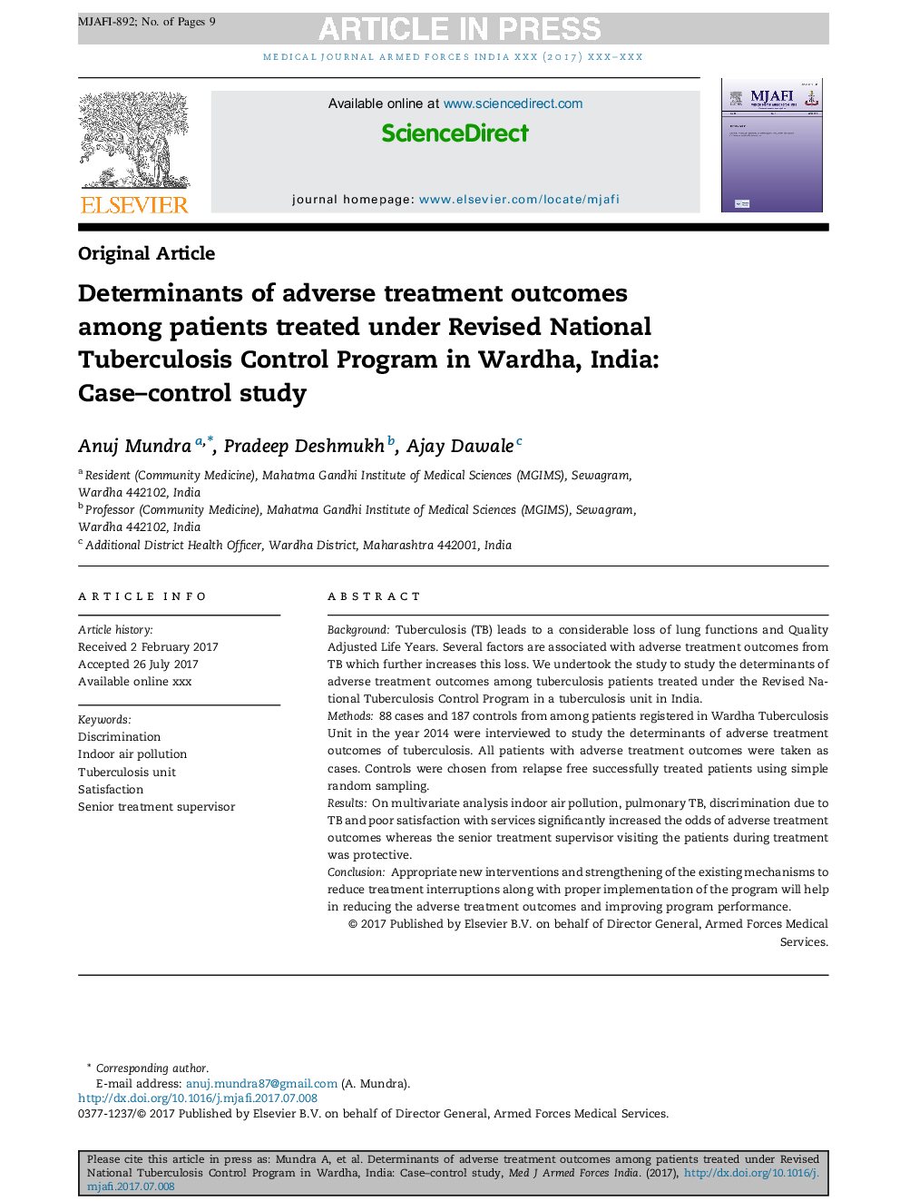 Determinants of adverse treatment outcomes among patients treated under Revised National Tuberculosis Control Program in Wardha, India: Case-control study