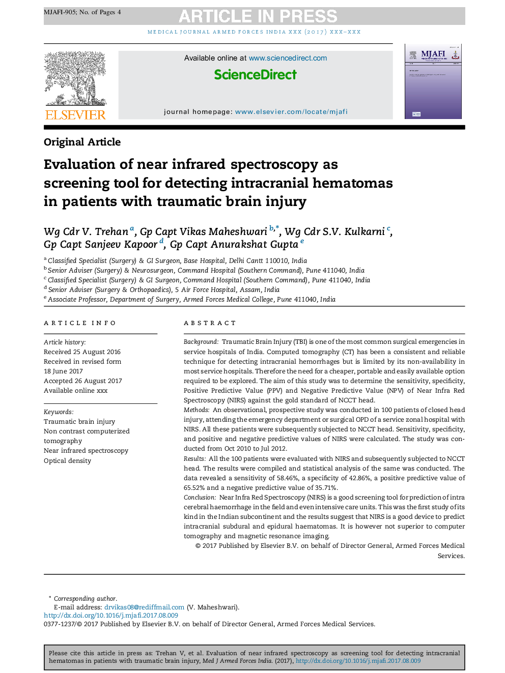 Evaluation of near infrared spectroscopy as screening tool for detecting intracranial hematomas in patients with traumatic brain injury