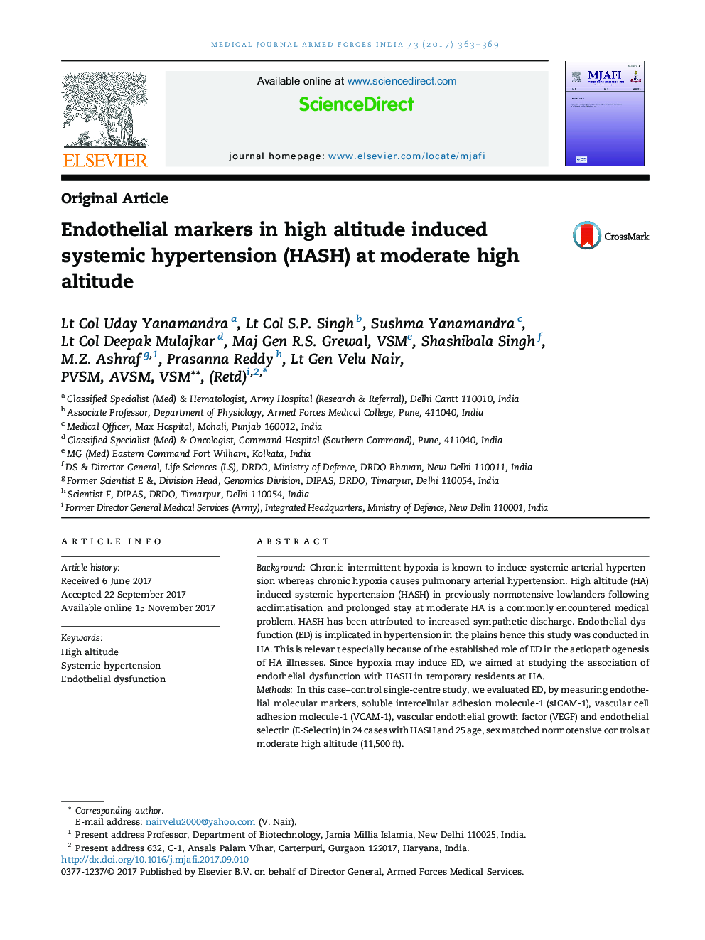 Endothelial markers in high altitude induced systemic hypertension (HASH) at moderate high altitude