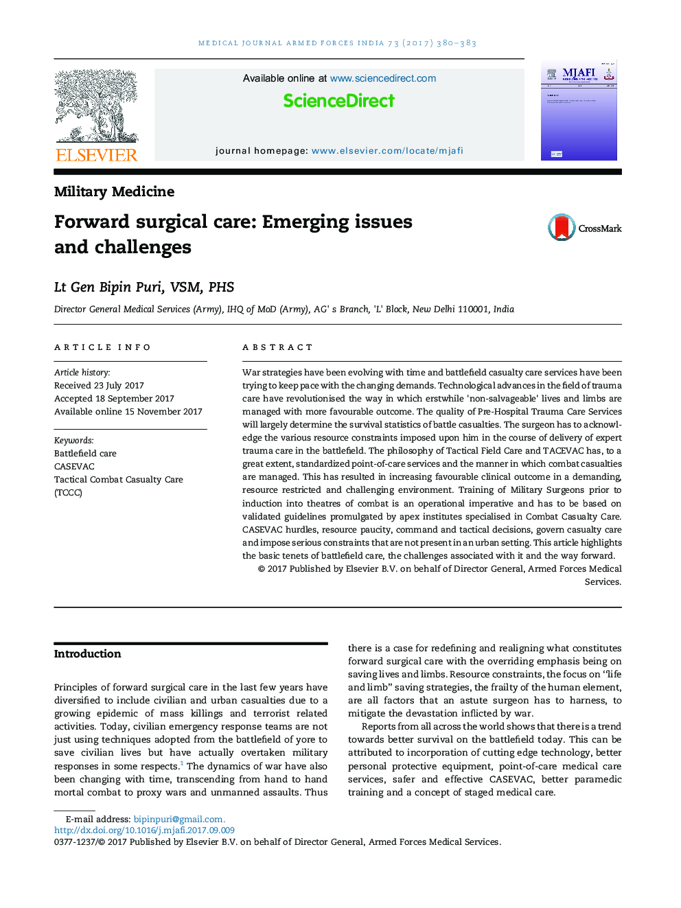 Forward surgical care: Emerging issues and challenges