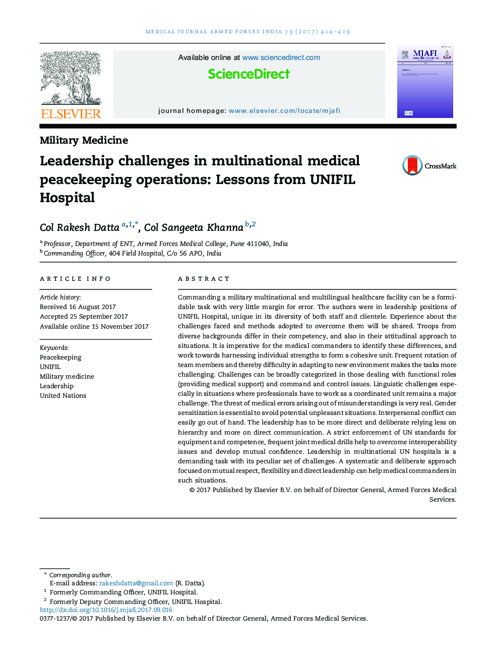 Leadership challenges in multinational medical peacekeeping operations: Lessons from UNIFIL Hospital