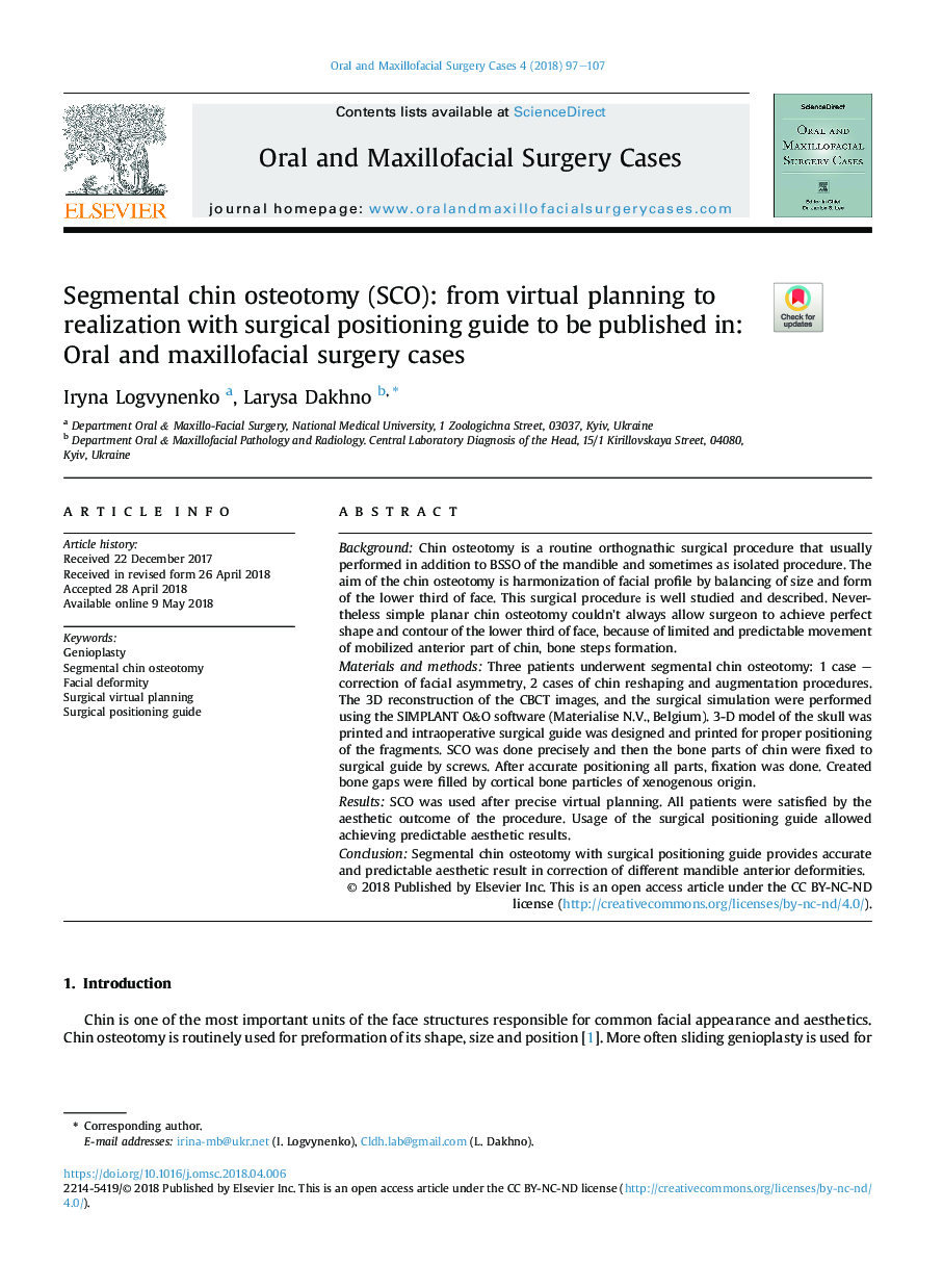 Segmental chin osteotomy (SCO): from virtual planning to realization with surgical positioning guide to be published in: Oral and maxillofacial surgery cases