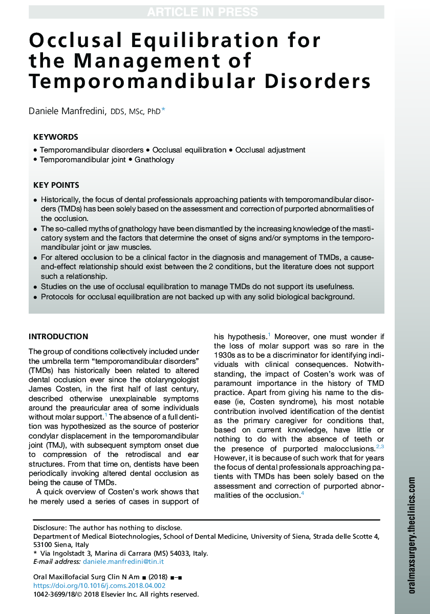 Occlusal Equilibration for the Management of Temporomandibular Disorders