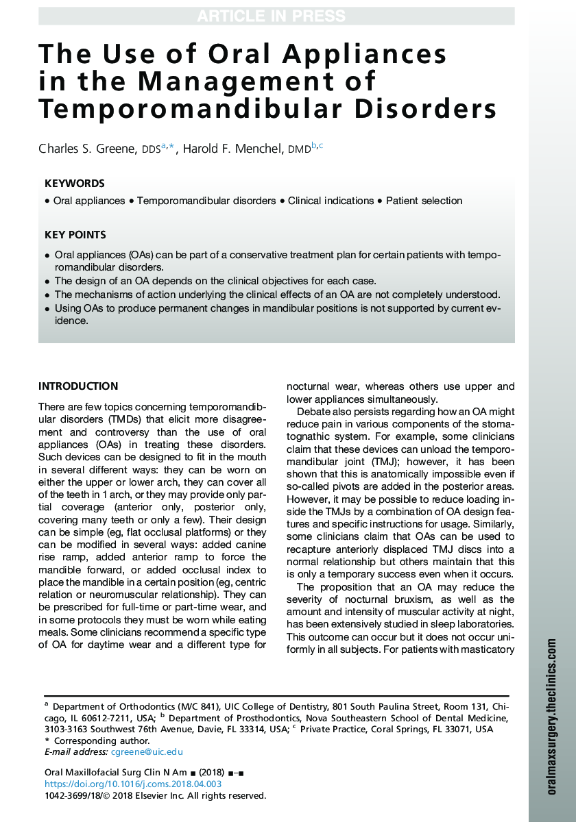 The Use of Oral Appliances in the Management of Temporomandibular Disorders