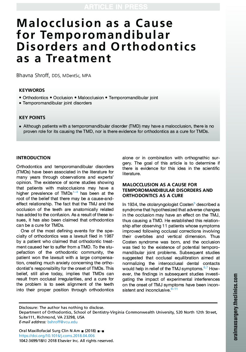 Malocclusion as a Cause for Temporomandibular Disorders and Orthodontics as a Treatment