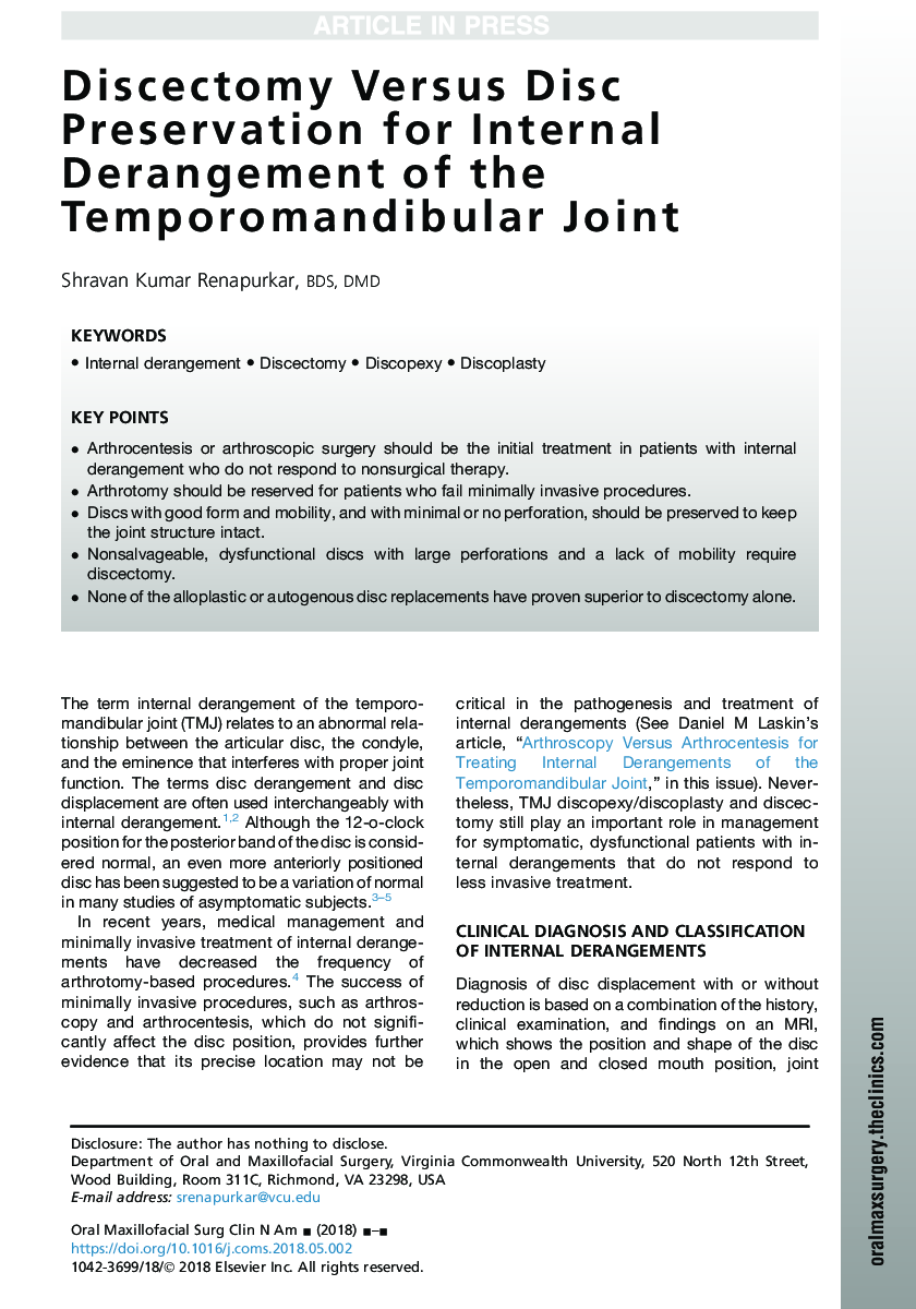 Discectomy Versus Disc Preservation for Internal Derangement of the Temporomandibular Joint