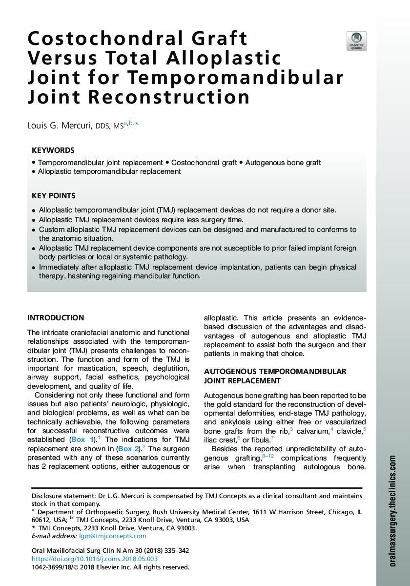 Costochondral Graft Versus Total Alloplastic Joint for Temporomandibular Joint Reconstruction
