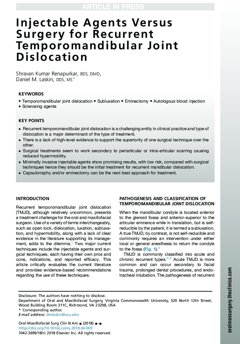 Injectable Agents Versus Surgery for Recurrent Temporomandibular Joint Dislocation