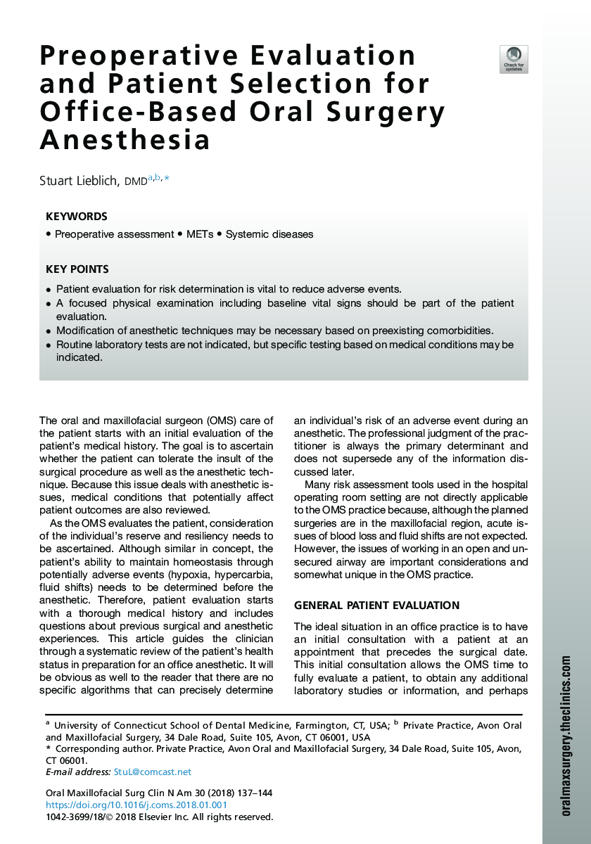 Preoperative Evaluation and Patient Selection for Office-Based Oral Surgery Anesthesia