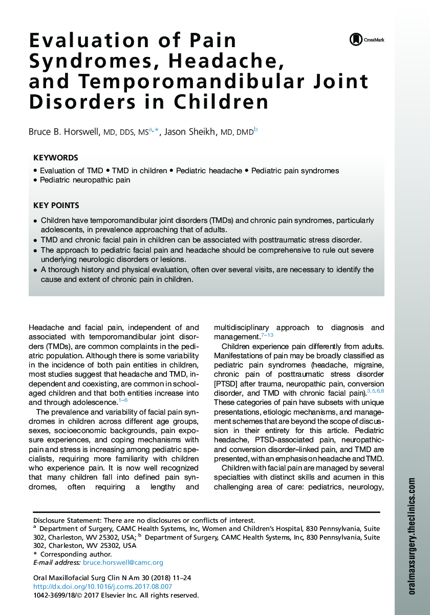 Evaluation of Pain Syndromes, Headache, and Temporomandibular Joint Disorders in Children