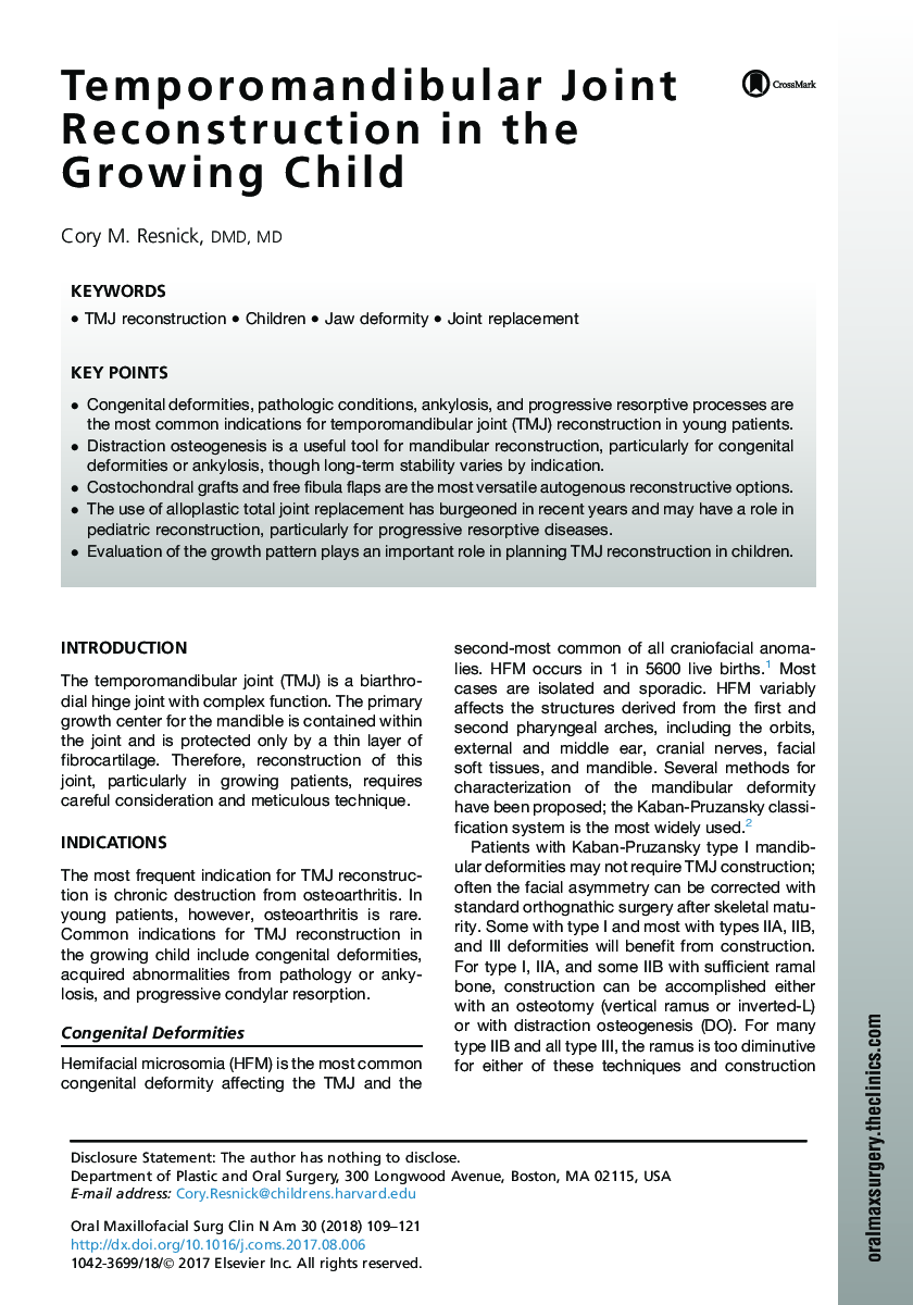 Temporomandibular Joint Reconstruction in the Growing Child