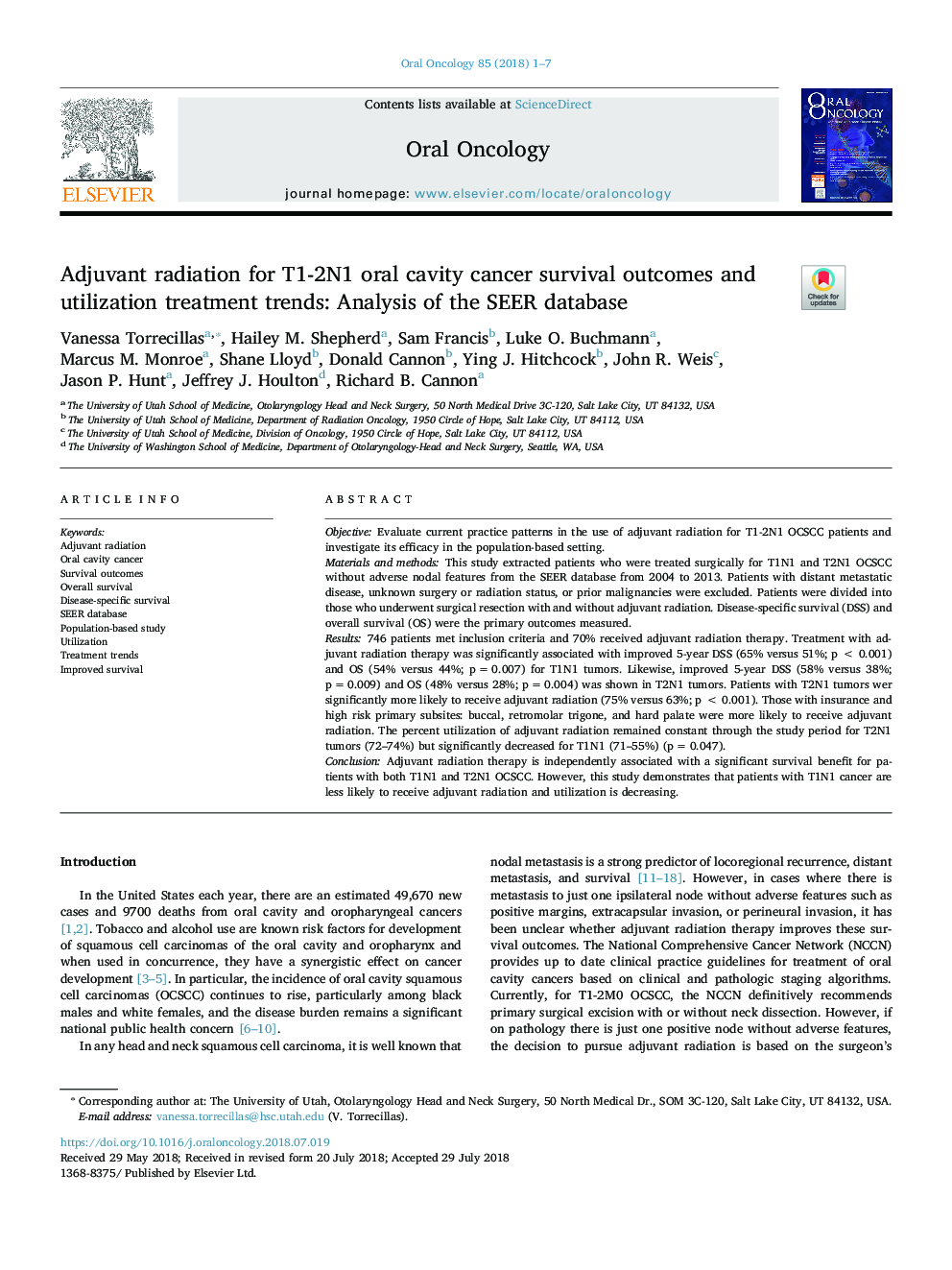 Adjuvant radiation for T1-2N1 oral cavity cancer survival outcomes and utilization treatment trends: Analysis of the SEER database