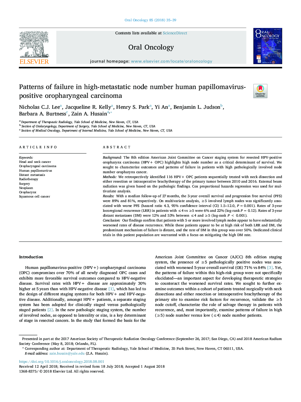 Patterns of failure in high-metastatic node number human papillomavirus-positive oropharyngeal carcinoma