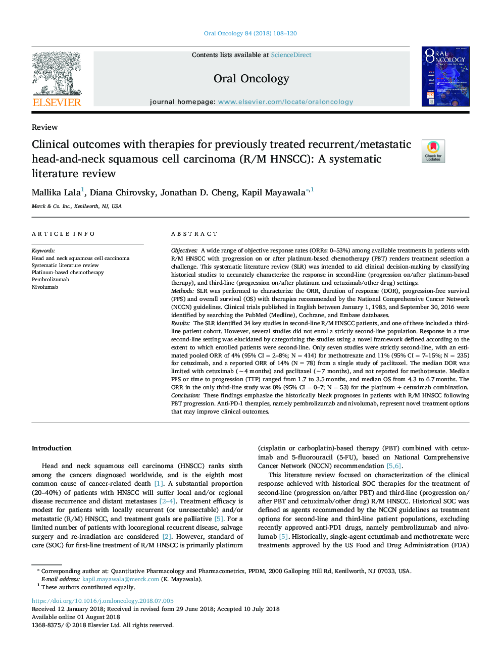 Clinical outcomes with therapies for previously treated recurrent/metastatic head-and-neck squamous cell carcinoma (R/M HNSCC): A systematic literature review