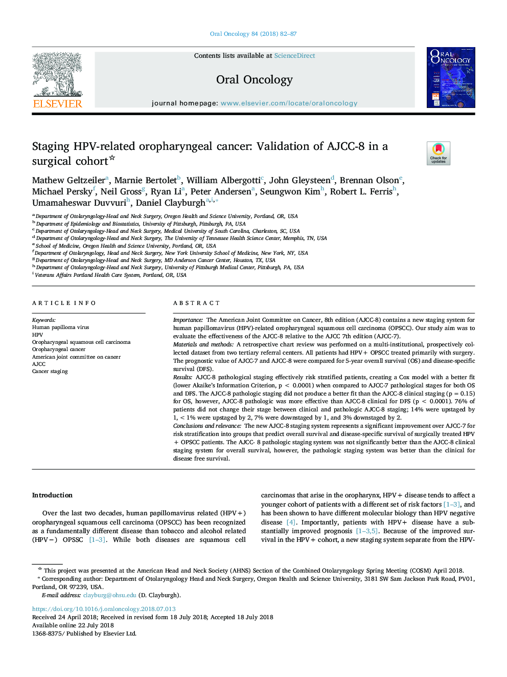 Staging HPV-related oropharyngeal cancer: Validation of AJCC-8 in a surgical cohort