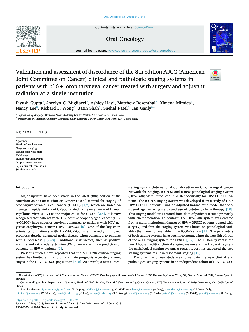 Validation and assessment of discordance of the 8th edition AJCC (American Joint Committee on Cancer) clinical and pathologic staging systems in patients with p16+ oropharyngeal cancer treated with surgery and adjuvant radiation at a single institution