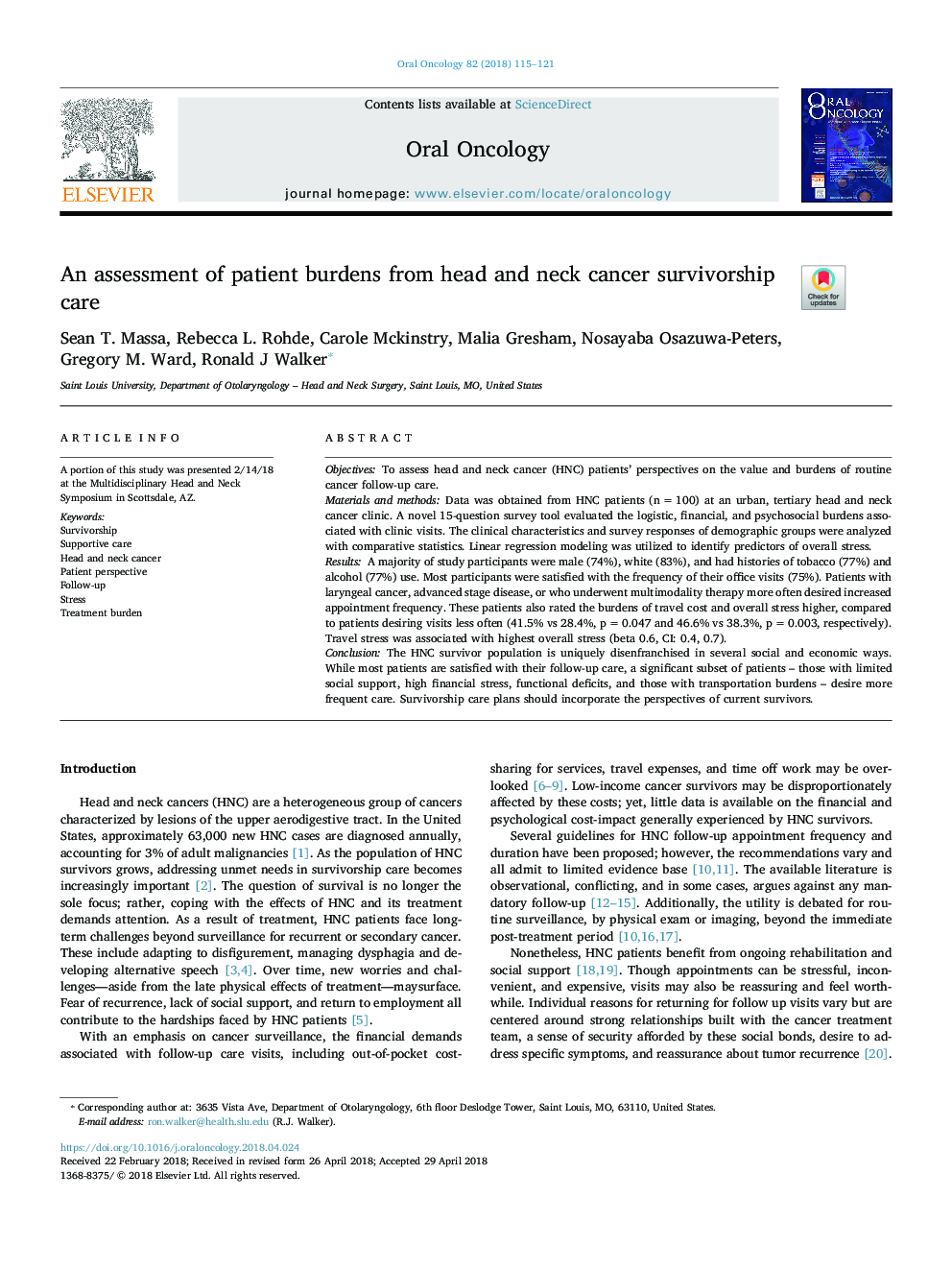 An assessment of patient burdens from head and neck cancer survivorship care