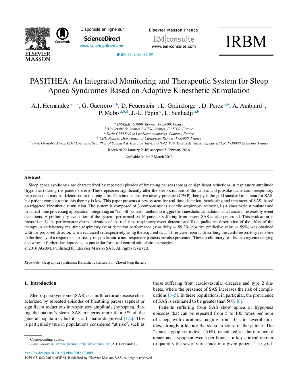 PASITHEA: An Integrated Monitoring and Therapeutic System for Sleep Apnea Syndromes Based on Adaptive Kinesthetic Stimulation