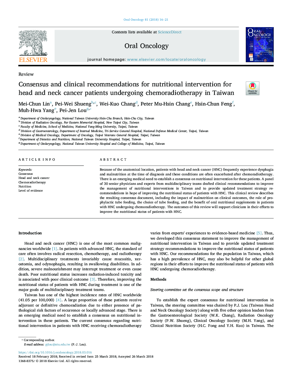 Consensus and clinical recommendations for nutritional intervention for head and neck cancer patients undergoing chemoradiotherapy in Taiwan