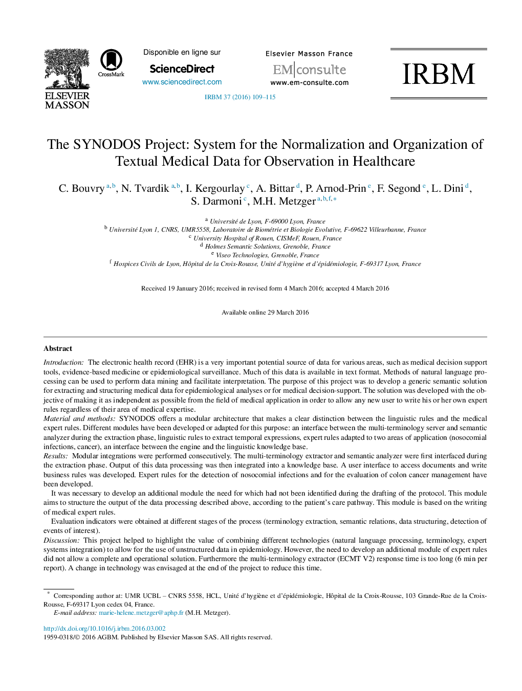 The SYNODOS Project: System for the Normalization and Organization of Textual Medical Data for Observation in Healthcare