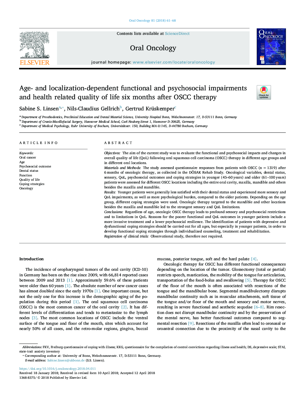 Age- and localization-dependent functional and psychosocial impairments and health related quality of life six months after OSCC therapy