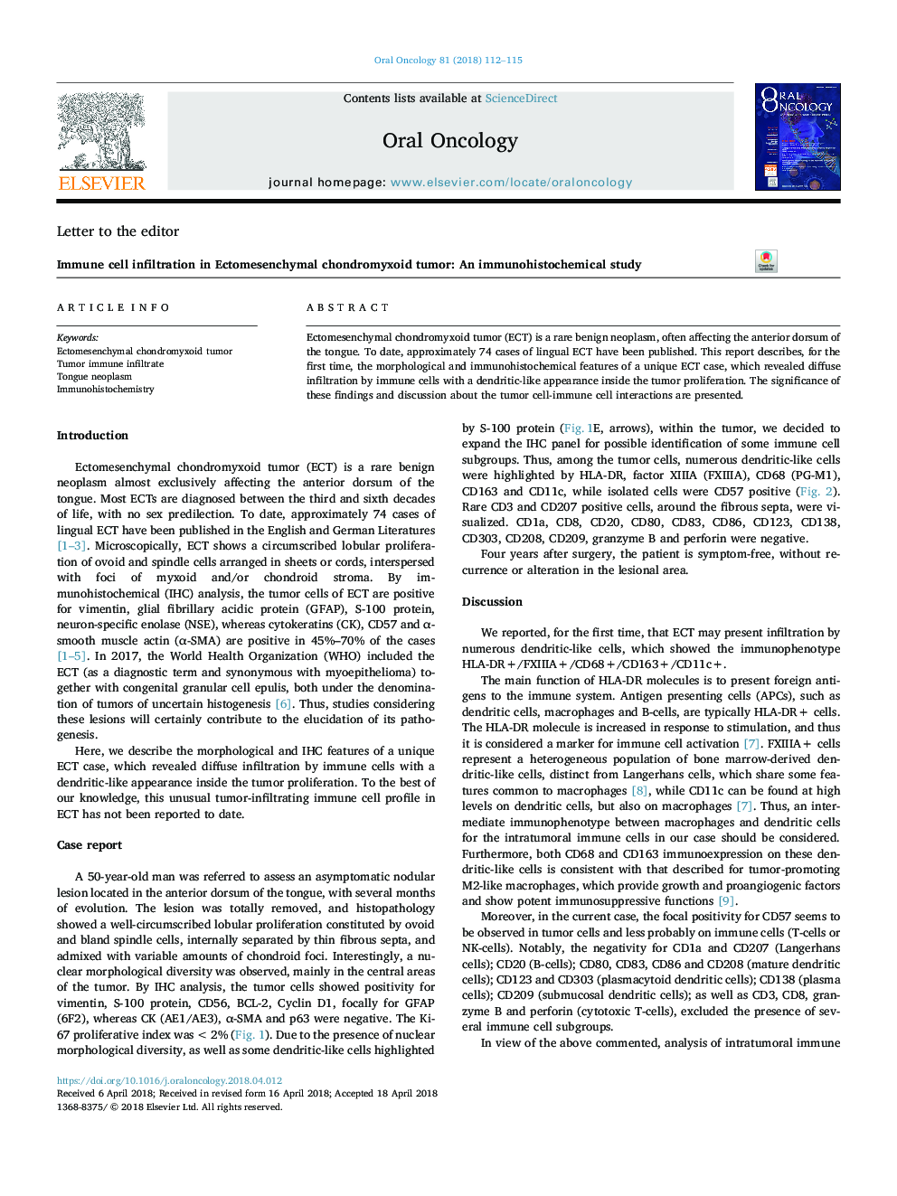 Immune cell infiltration in Ectomesenchymal chondromyxoid tumor: An immunohistochemical study