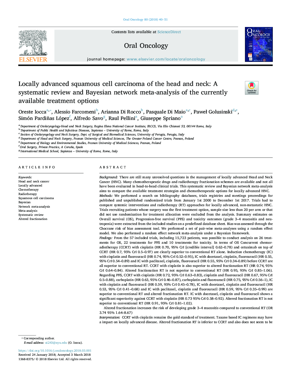 کارسینوم سلول سنگفرشی محلی سر و گردن: یک بررسی سیستماتیک و متاآنالیز شبکه های بیزی از گزینه های در دسترس موجود در حال حاضر 