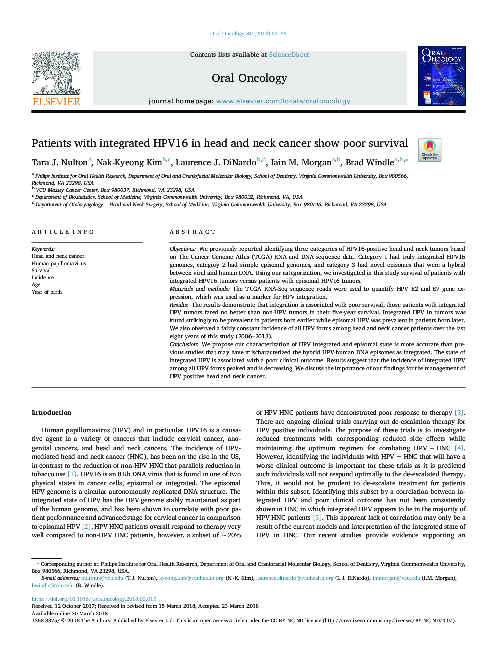 Patients with integrated HPV16 in head and neck cancer show poor survival