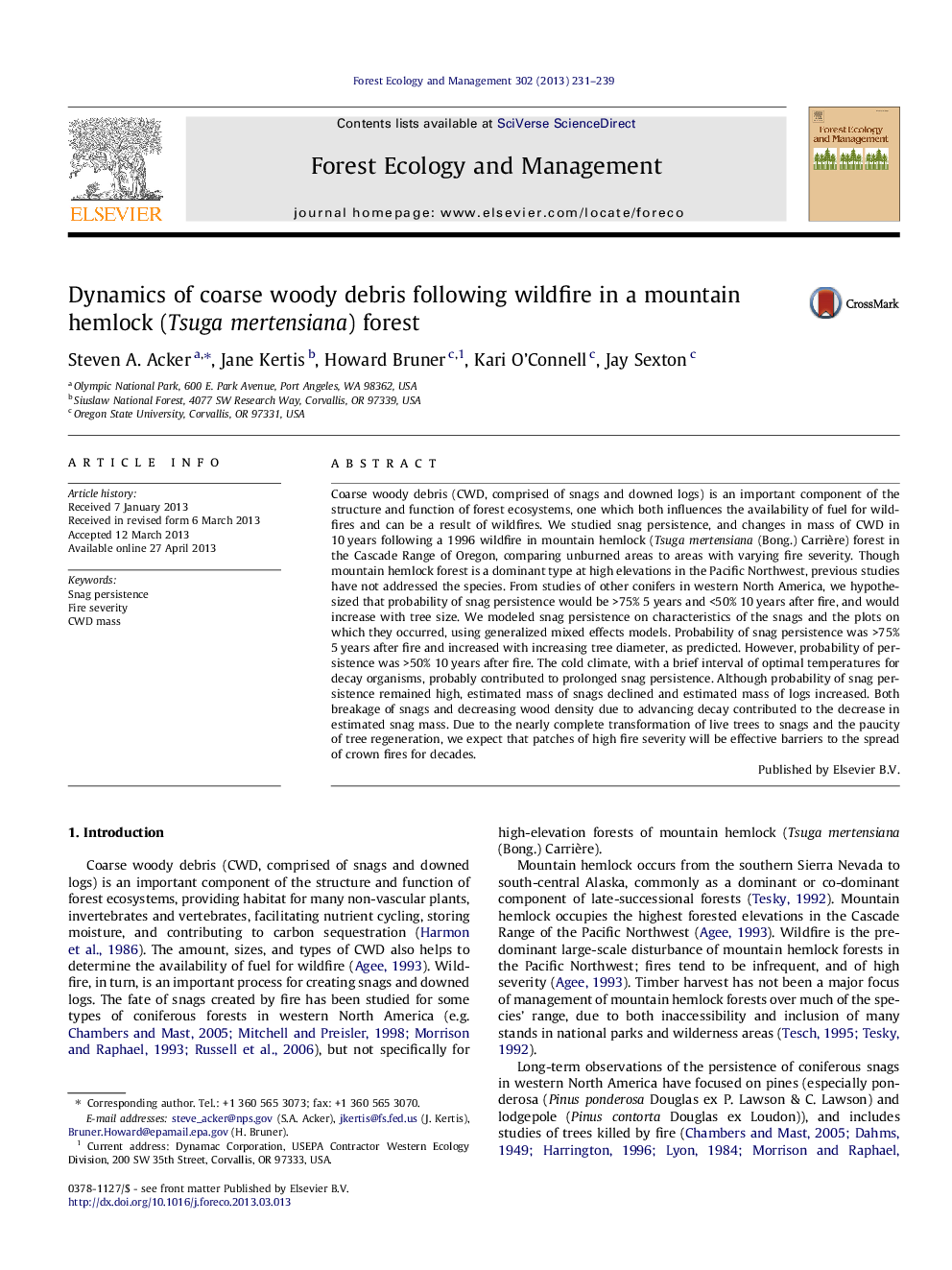 Dynamics of coarse woody debris following wildfire in a mountain hemlock (Tsuga mertensiana) forest