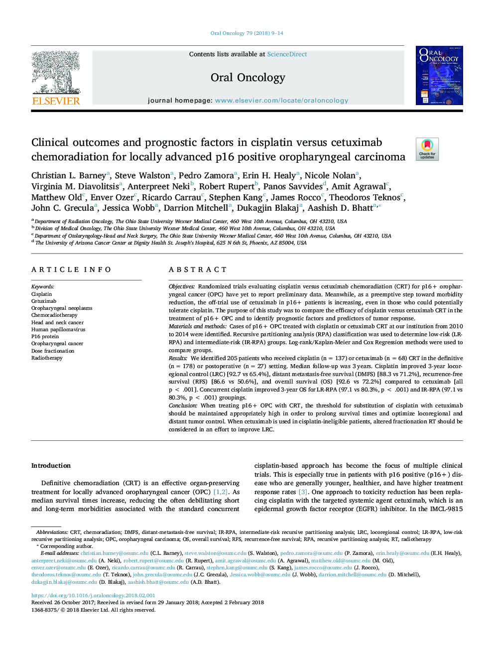 Clinical outcomes and prognostic factors in cisplatin versus cetuximab chemoradiation for locally advanced p16 positive oropharyngeal carcinoma