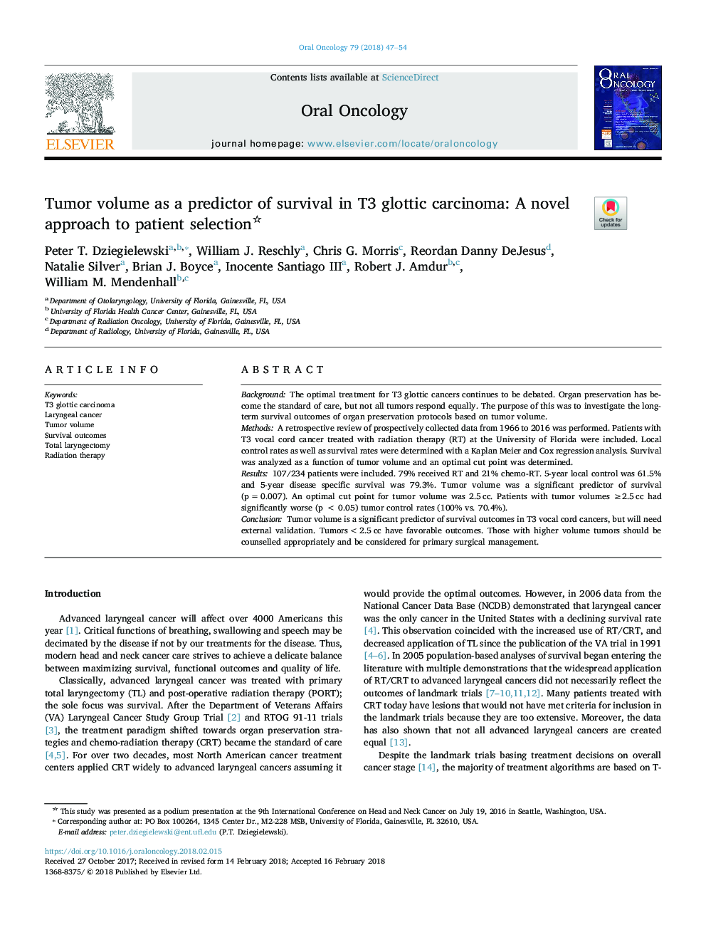 Tumor volume as a predictor of survival in T3 glottic carcinoma: A novel approach to patient selection