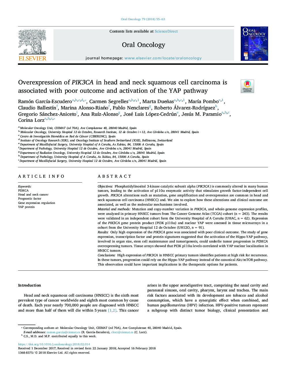 Overexpression of PIK3CA in head and neck squamous cell carcinoma is associated with poor outcome and activation of the YAP pathway