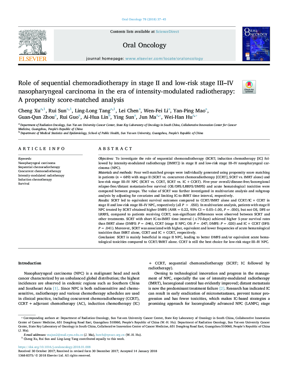 Role of sequential chemoradiotherapy in stage II and low-risk stage III-IV nasopharyngeal carcinoma in the era of intensity-modulated radiotherapy: A propensity score-matched analysis