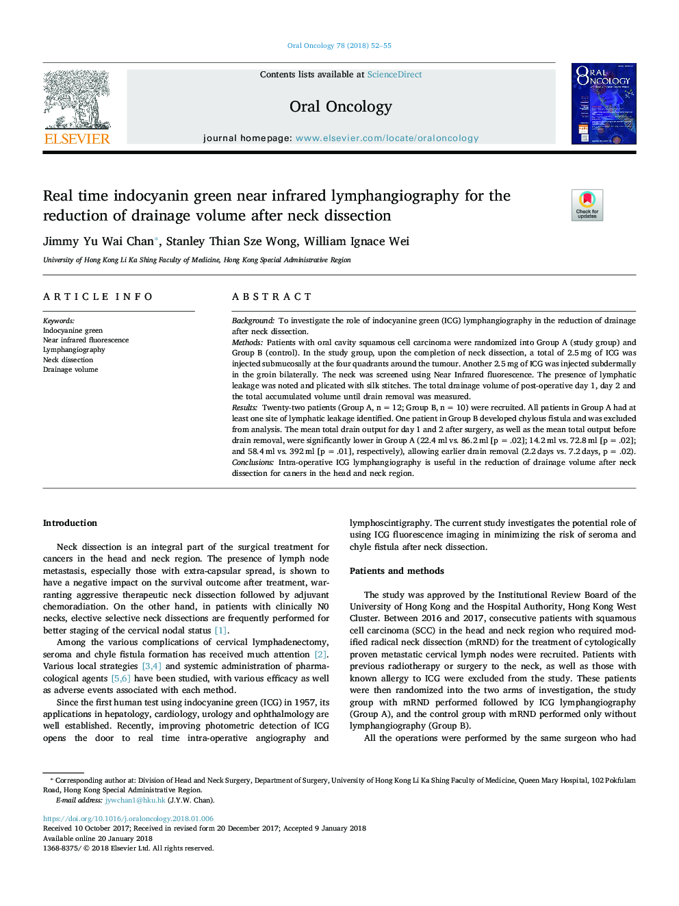 Real time indocyanin green near infrared lymphangiography for the reduction of drainage volume after neck dissection