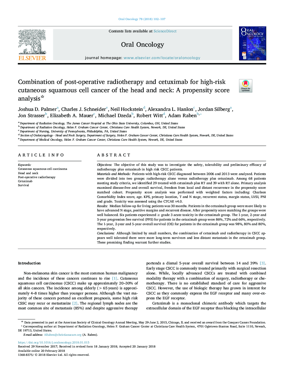 Combination of post-operative radiotherapy and cetuximab for high-risk cutaneous squamous cell cancer of the head and neck: A propensity score analysis