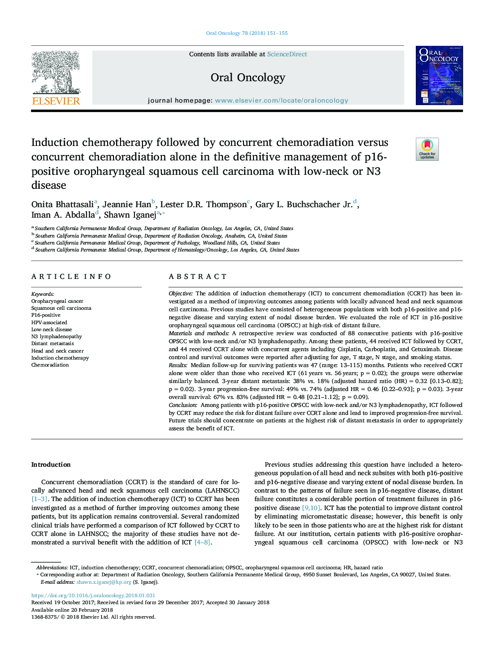 Induction chemotherapy followed by concurrent chemoradiation versus concurrent chemoradiation alone in the definitive management of p16-positive oropharyngeal squamous cell carcinoma with low-neck or N3 disease