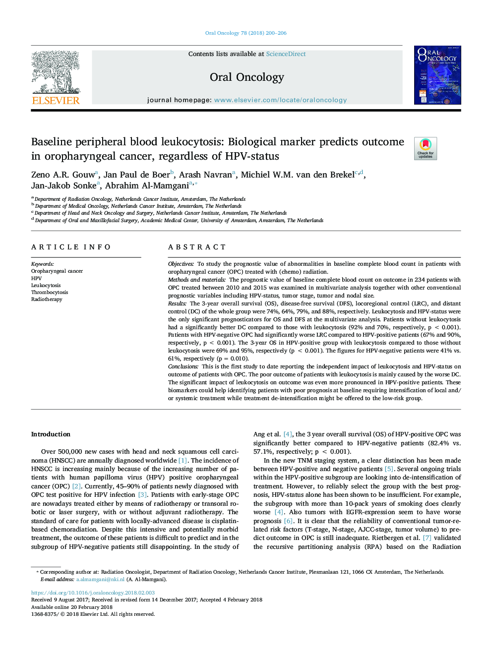 Baseline peripheral blood leukocytosis: Biological marker predicts outcome in oropharyngeal cancer, regardless of HPV-status