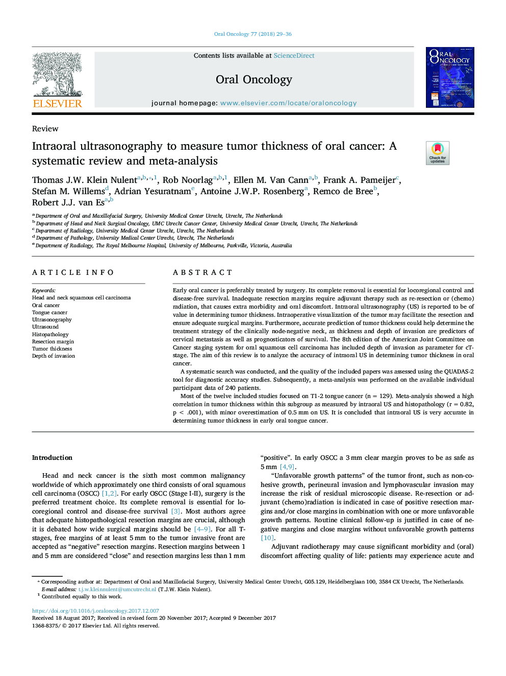 Intraoral ultrasonography to measure tumor thickness of oral cancer: A systematic review and meta-analysis