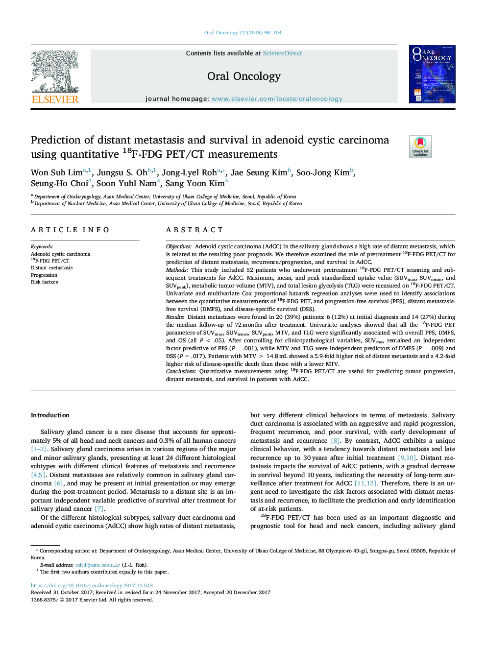 Prediction of distant metastasis and survival in adenoid cystic carcinoma using quantitative 18F-FDG PET/CT measurements