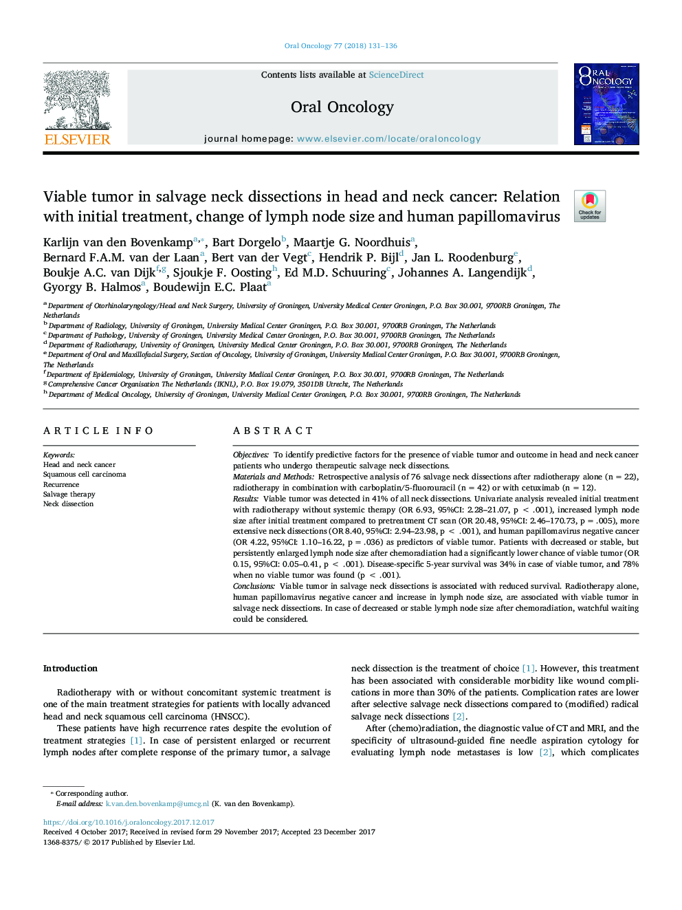 Viable tumor in salvage neck dissections in head and neck cancer: Relation with initial treatment, change of lymph node size and human papillomavirus