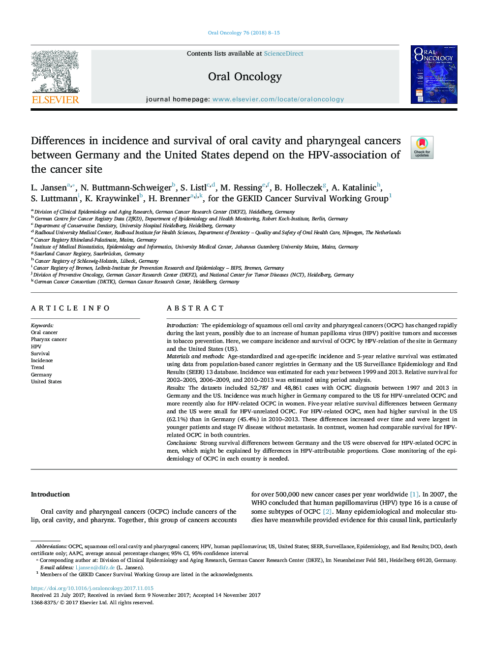 Differences in incidence and survival of oral cavity and pharyngeal cancers between Germany and the United States depend on the HPV-association of the cancer site