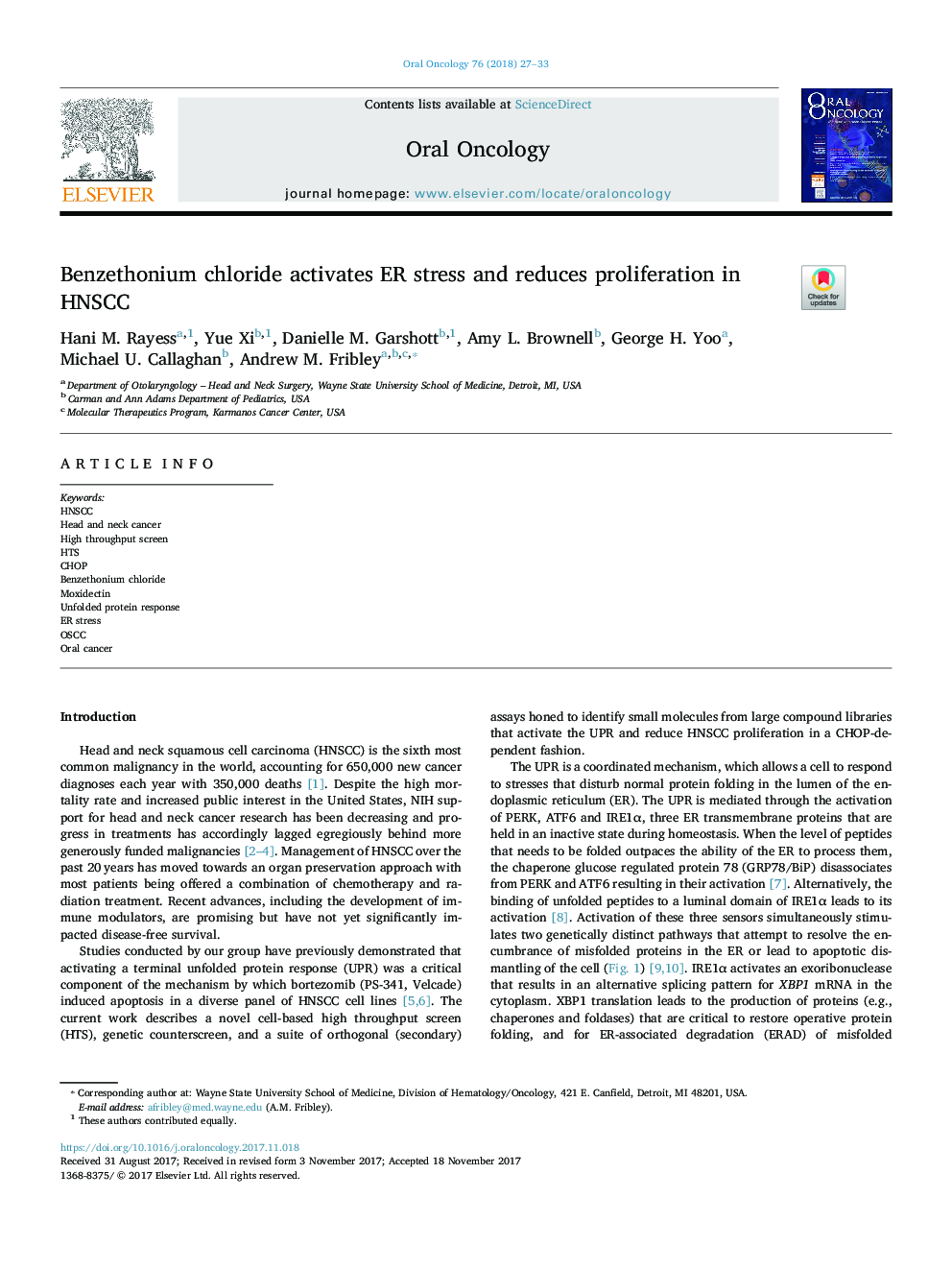 Benzethonium chloride activates ER stress and reduces proliferation in HNSCC