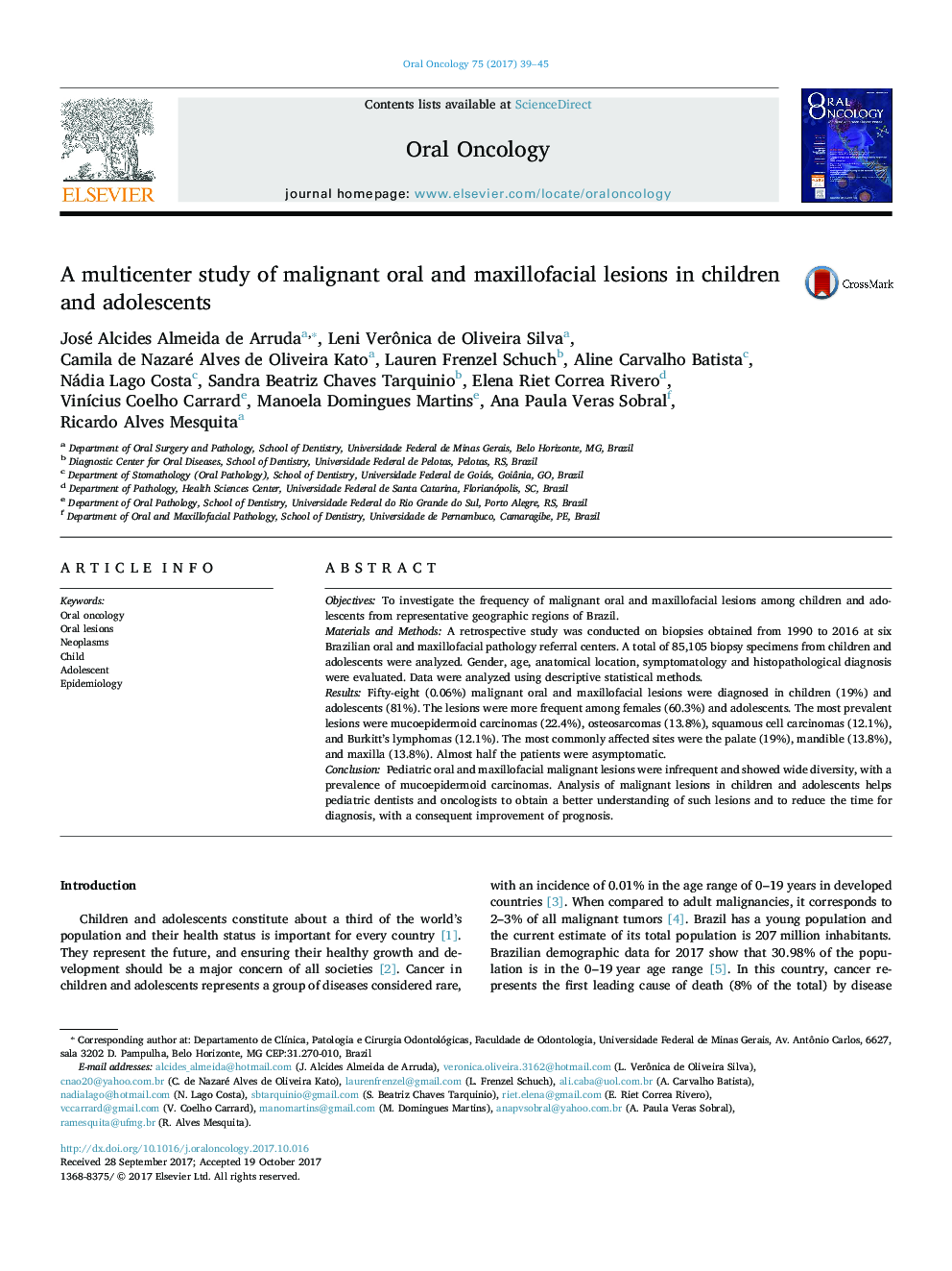 A multicenter study of malignant oral and maxillofacial lesions in children and adolescents