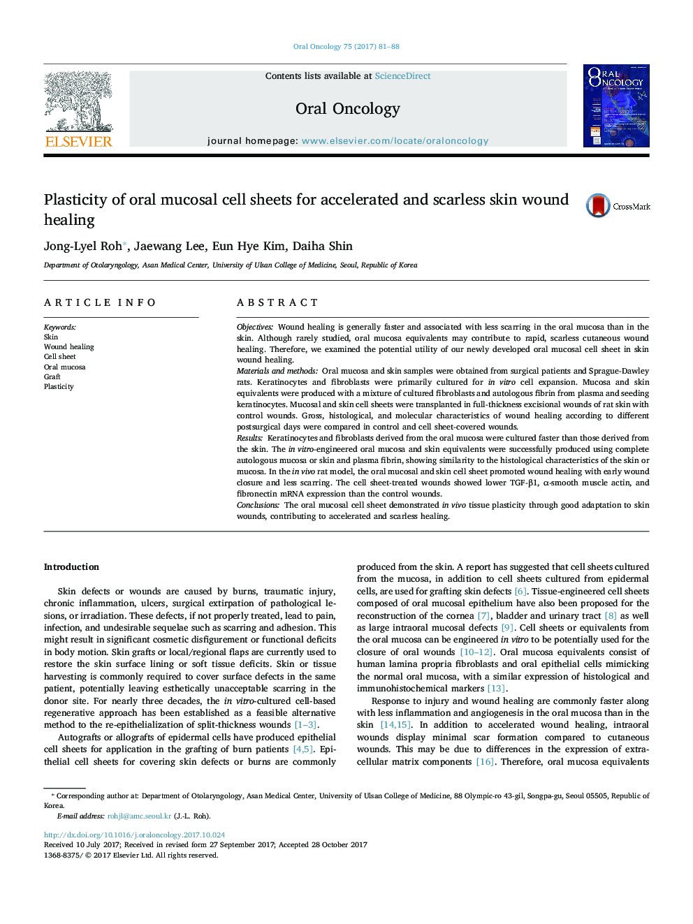 Plasticity of oral mucosal cell sheets for accelerated and scarless skin wound healing