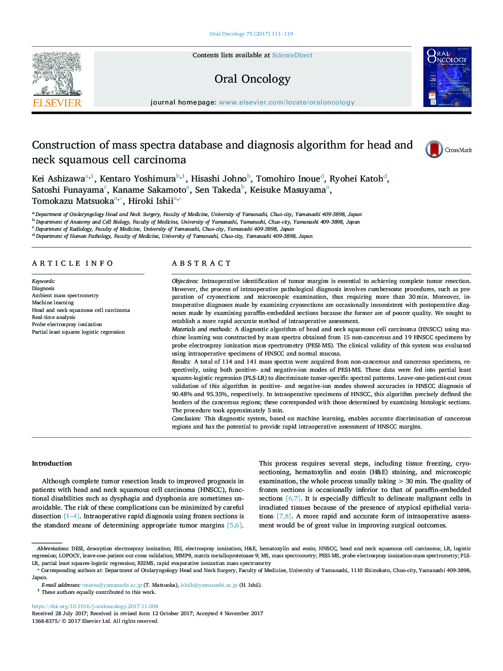 Construction of mass spectra database and diagnosis algorithm for head and neck squamous cell carcinoma