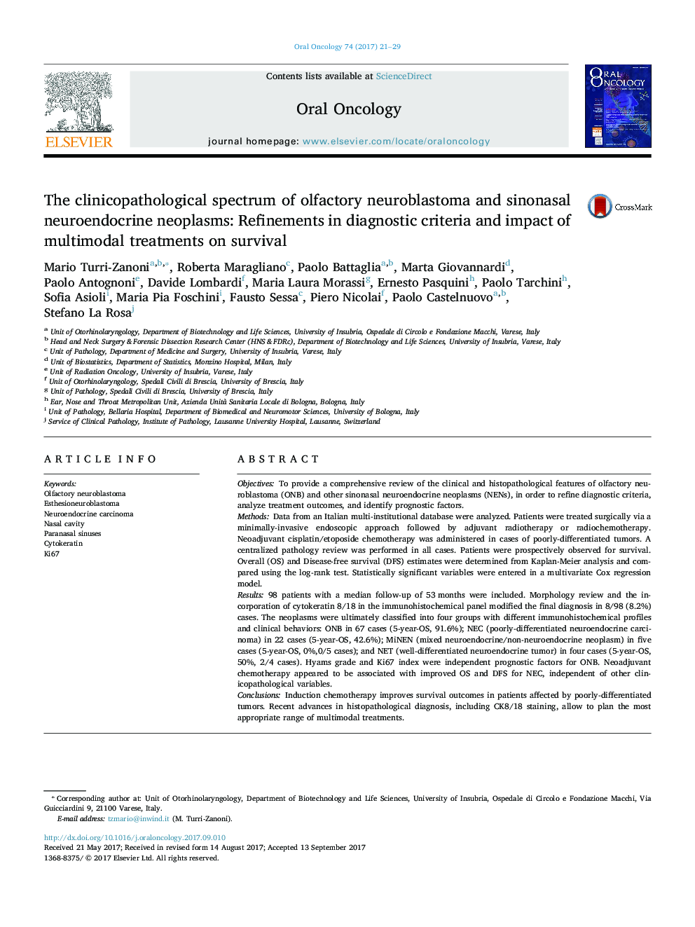 The clinicopathological spectrum of olfactory neuroblastoma and sinonasal neuroendocrine neoplasms: Refinements in diagnostic criteria and impact of multimodal treatments on survival