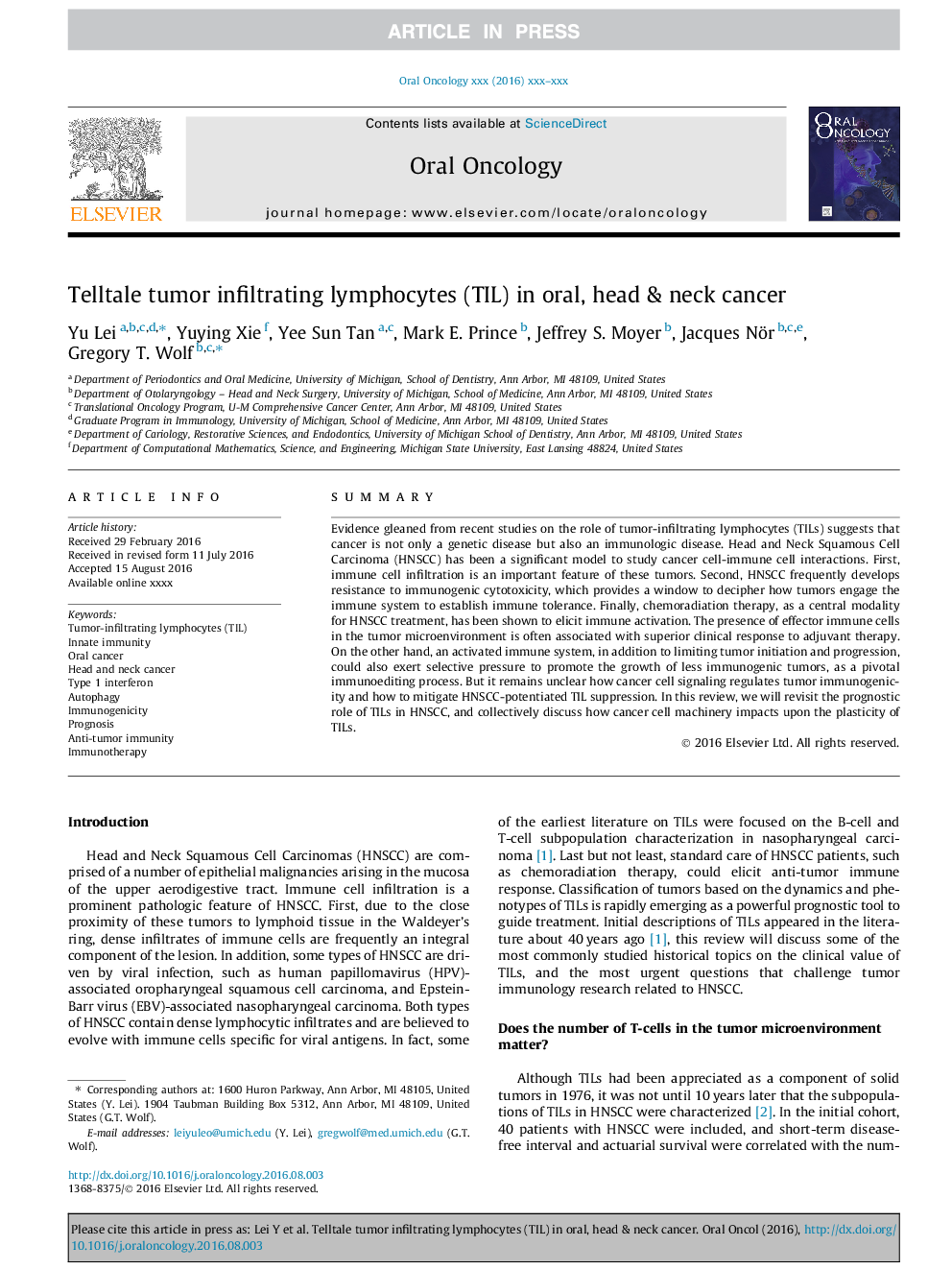 Telltale tumor infiltrating lymphocytes (TIL) in oral, head & neck cancer