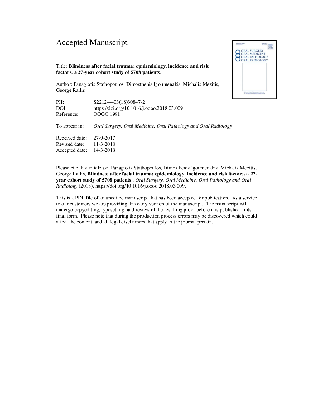 Blindness after facial trauma: epidemiology, incidence and risk factors: a 27-year cohort study of 5708 patients